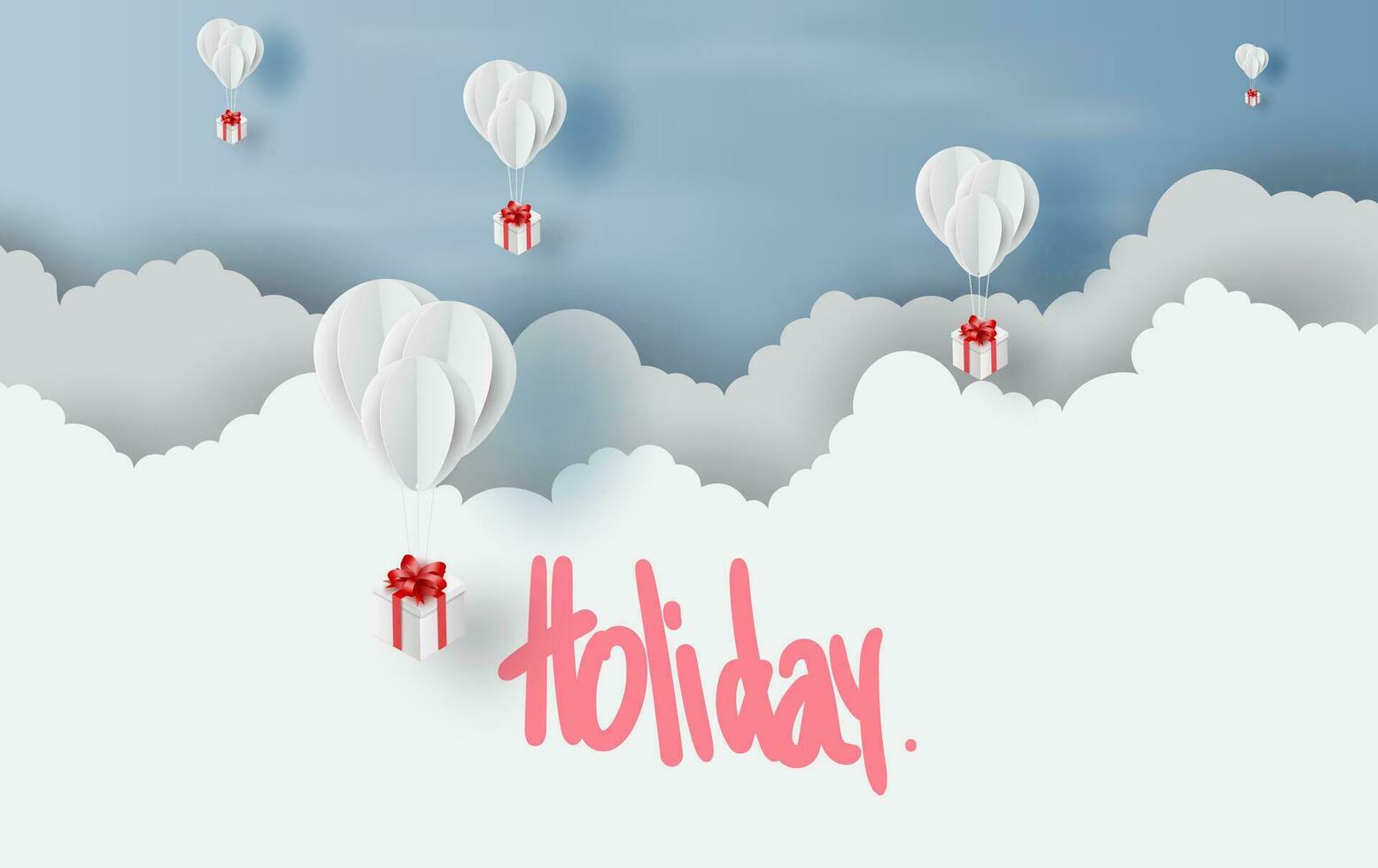 White Balloons gift box on air sky landscape background.Festival party time season concept.Scene Holiday place of your text for card and poster.Paper cut and craft style.Minimal vector. illustration. vector