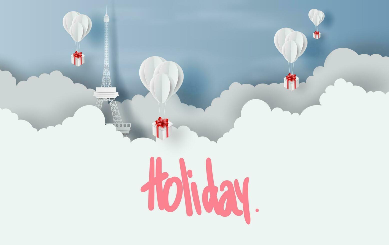 Merry Christmas and Happy new year with balloons gift box fly on air sky concept.Holiday festival party view  Eiffel Tower Paris.Scene place of your text for card and poster.Paper cut and craft.vector vector