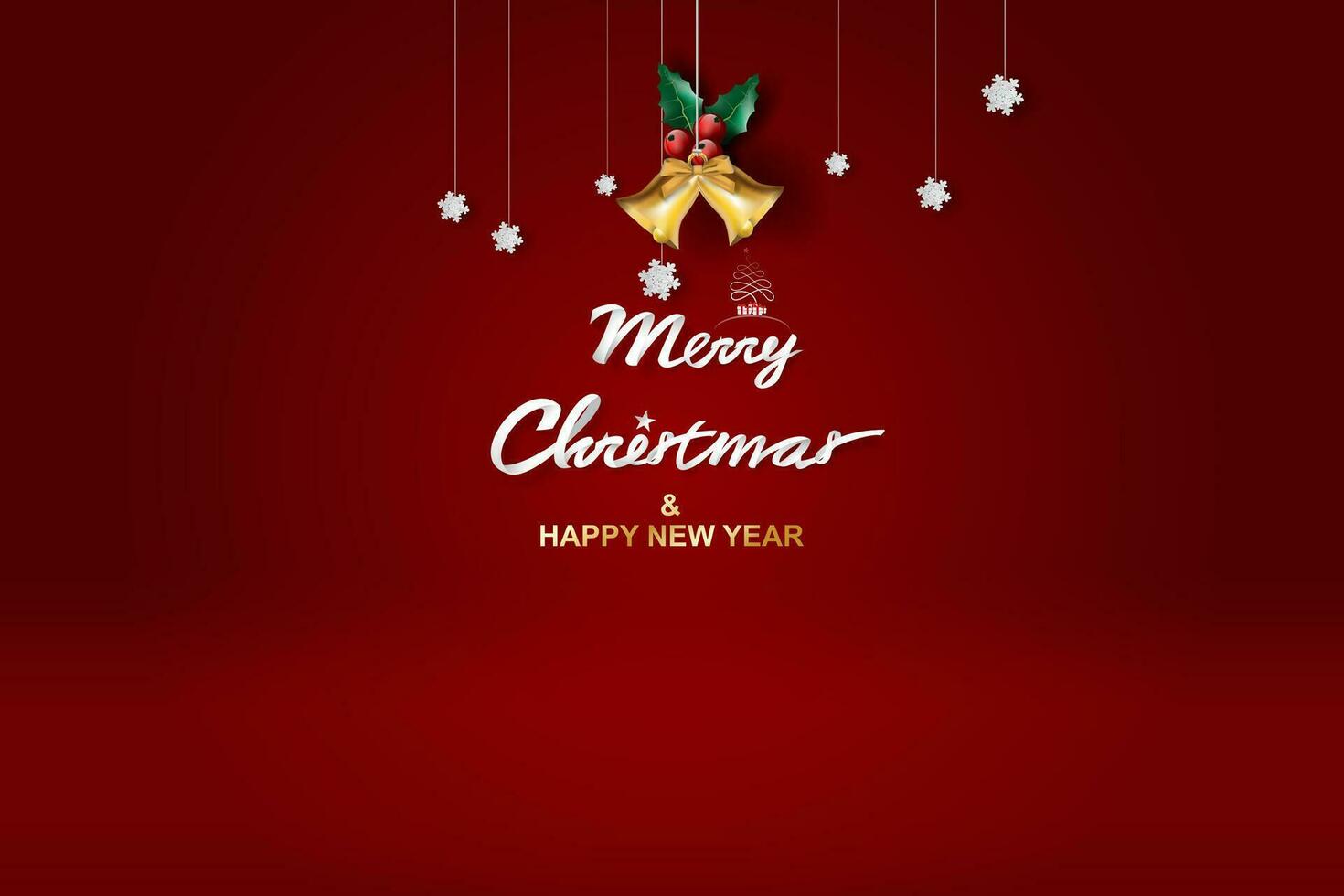 Paper art of Merry Christmas and Happy New Year with red tone background.Creative minimal holly leaf and Golden bell for greeting card.Holiday festival party decoration element graphic poster.Vector vector