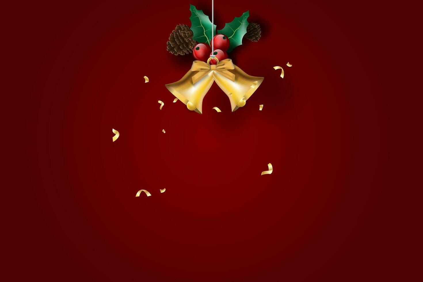 Paper art of Merry Christmas and Happy New Year with red tone background.Creative minimal holly leaf and Golden bell for greeting card.Holiday festival party decoration element graphic poster.Vector vector