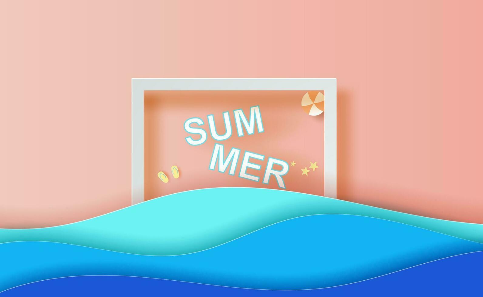 Summertime top view frame scene place for your text.Summer season banner background concept.Creative Holiday sea wave design paper cut and craft style.Minimal graphic origami element seaside.vector. vector