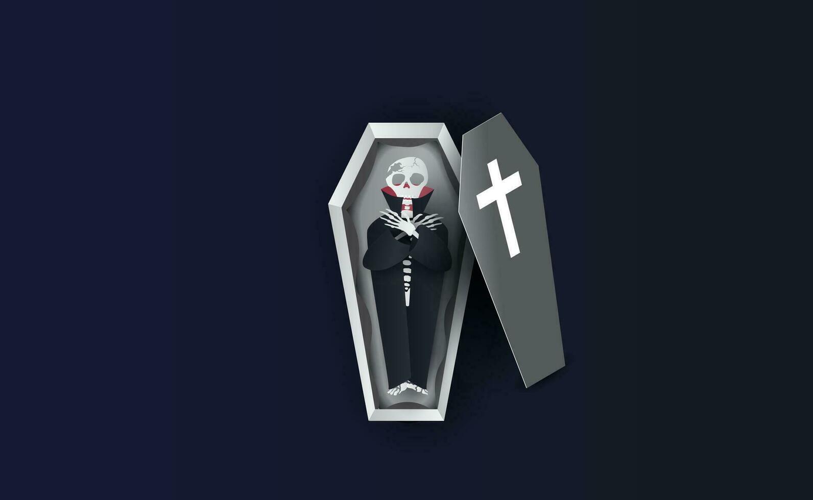 Halloween  Characters of Skeleton in Coffin. Gray icon on blue dark background.Creative paper cut and craft scene place for your text. Sale vector with coffin and Holiday elements design illustration