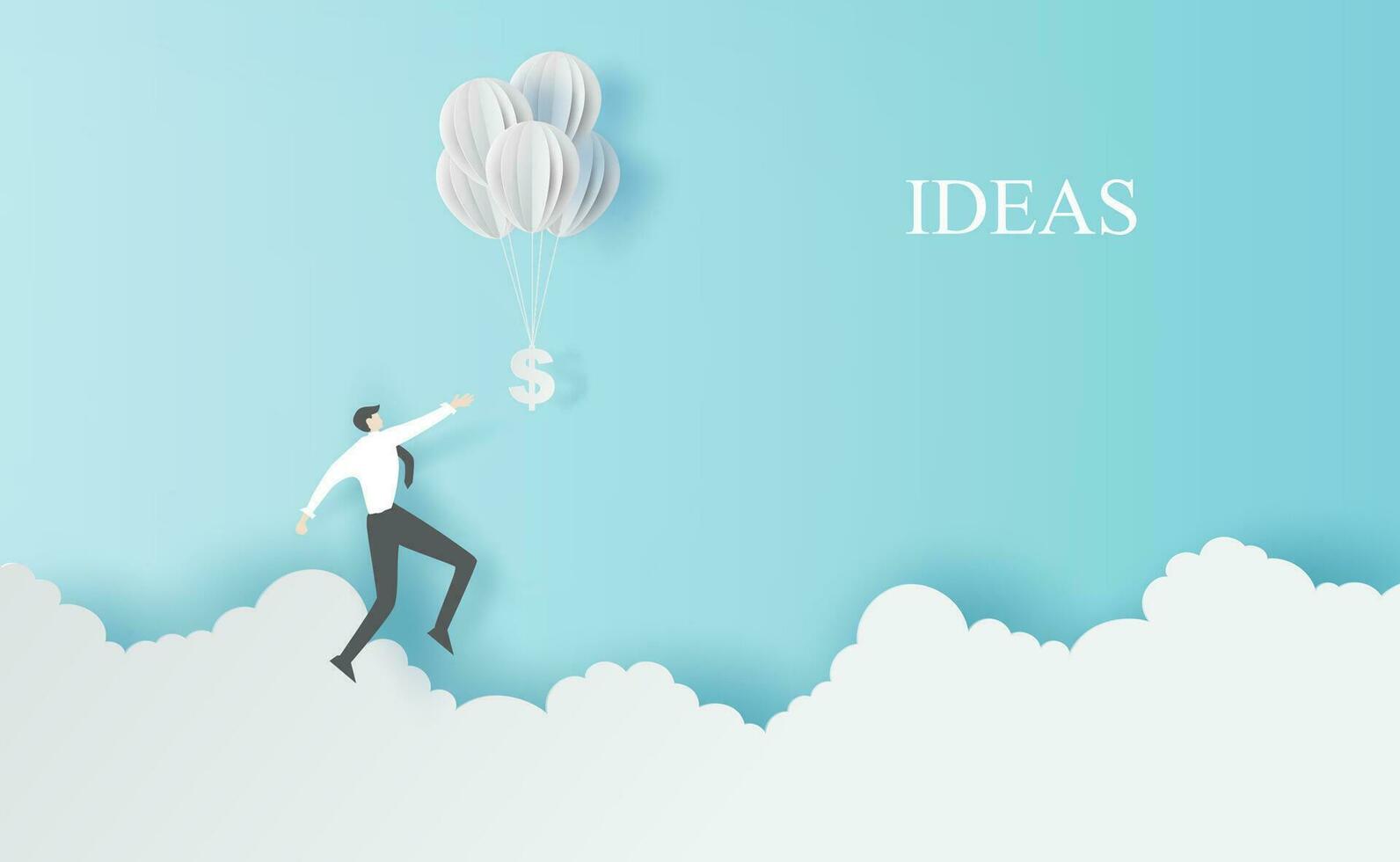 Business man Jump to hold money balloons on clouds sky landscape.Creative paper cut and craft style.People finance success concept.Graphic minimal simple idea space for your text.vector illustration vector