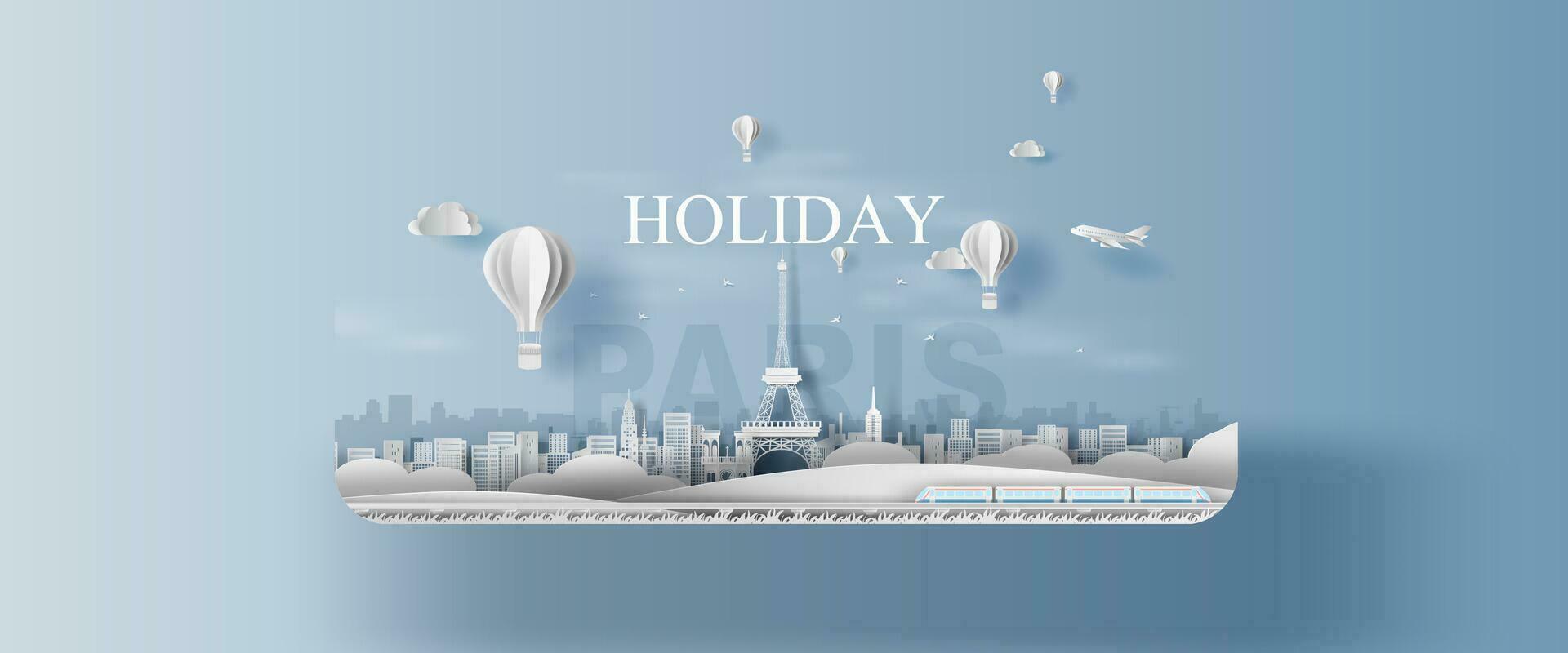 Paper craft and cut style of Panorama Traveling holiday landmarks landscape Eiffel tower Paris city France.Creative origami travel festival season plan trip concept.Vacation party illustration.vector. vector