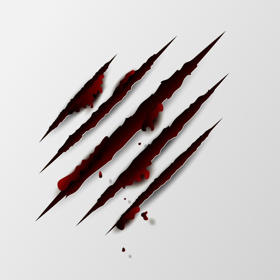 illustration of Claws scratches isolated with red blood on white background. Creative paper craft and cut.Scary laceration danger paper surface Claws scratching animal cat, tiger, lion, bear vector