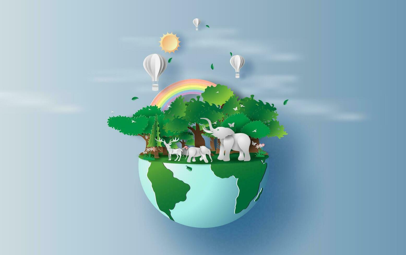 illustration of elephants in forest,Creative Origami design world environment and earth day paper cut and craft concept.Landscape Wildlife animal with Deer in nature by rainbow and balloons.vector. vector