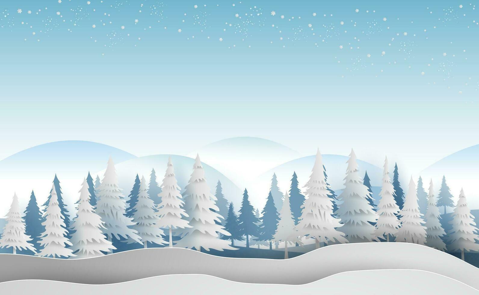 paisaje alegre Navidad y nuevo año en Días festivos paisaje con bosque invierno copos de nieve temporada paisaje.creativo diseño papel Arte y cortar estilo para tarjeta y Navidad tarjeta postal vector ilustración.eps10