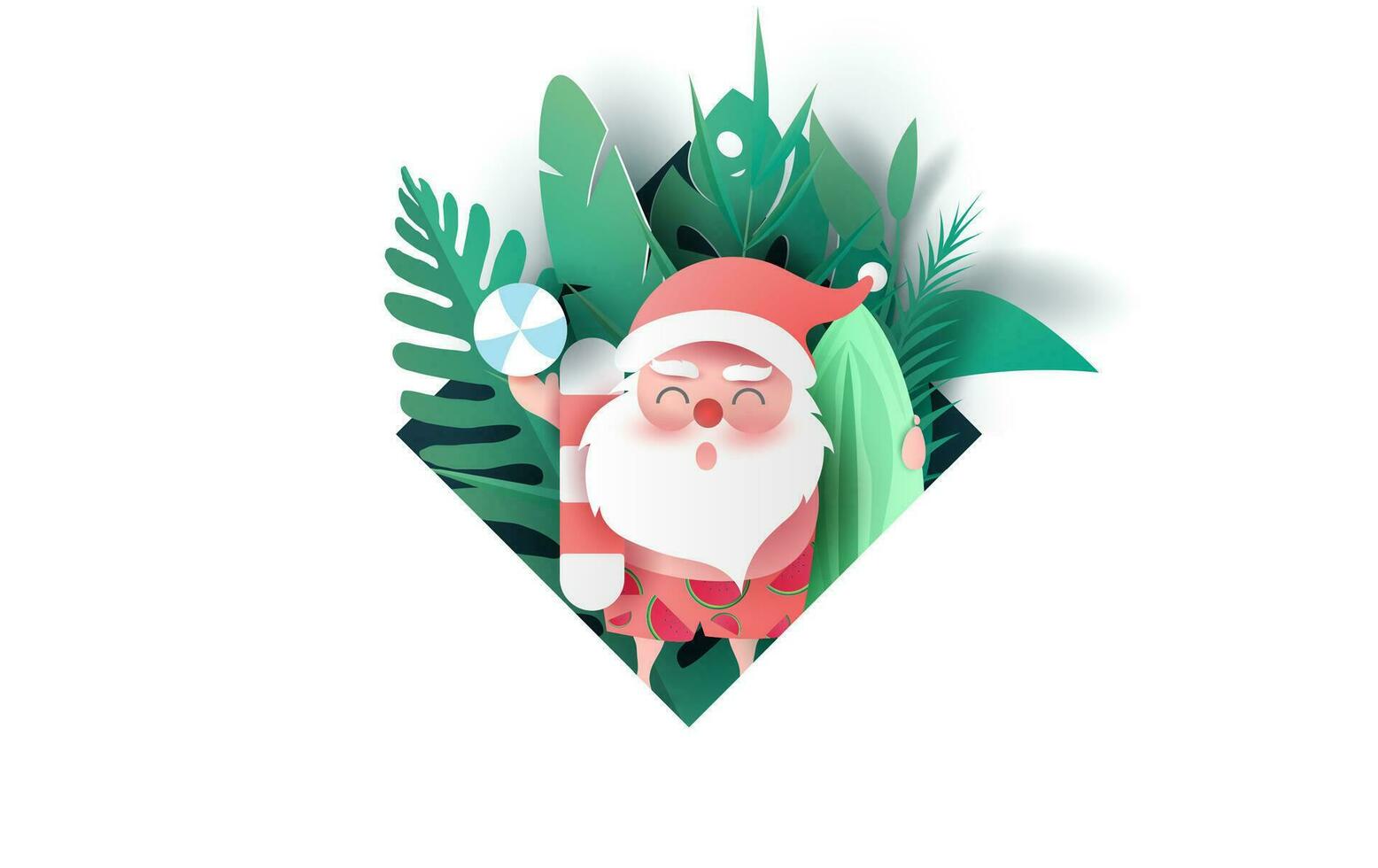 Santa Claus smile wearing beach suit of Tropical leaves and nature plants.Paper cut and craft frame Hawaiian style summertime space for text.Summer Christmas season background.vector illustration. vector