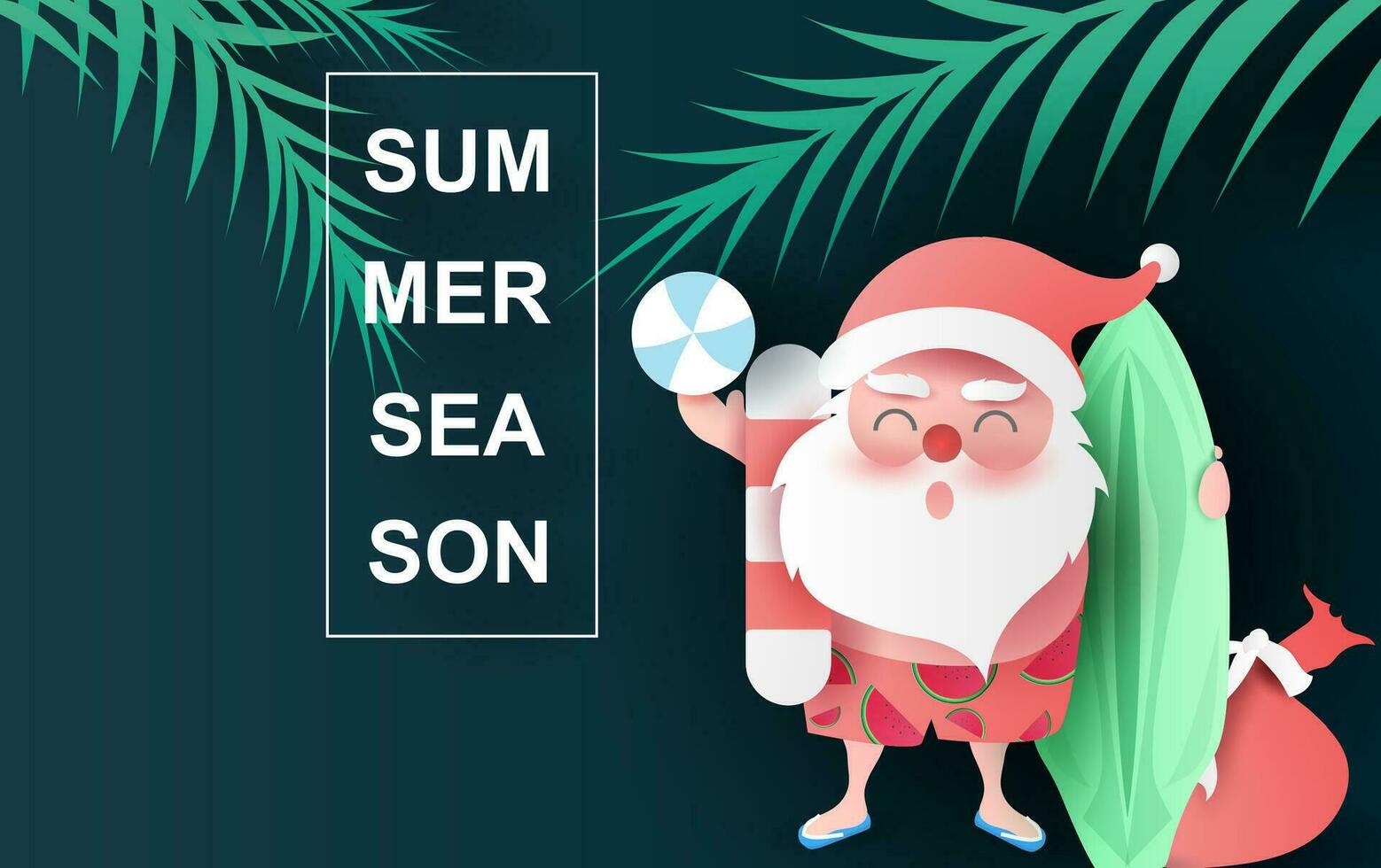 Santa Claus wearing beach suit of Tropical leaves and nature plants.Paper cut and craft Origami Hawaiian style summertime space for text.Summer Christmas season floral background.vector illustration. vector