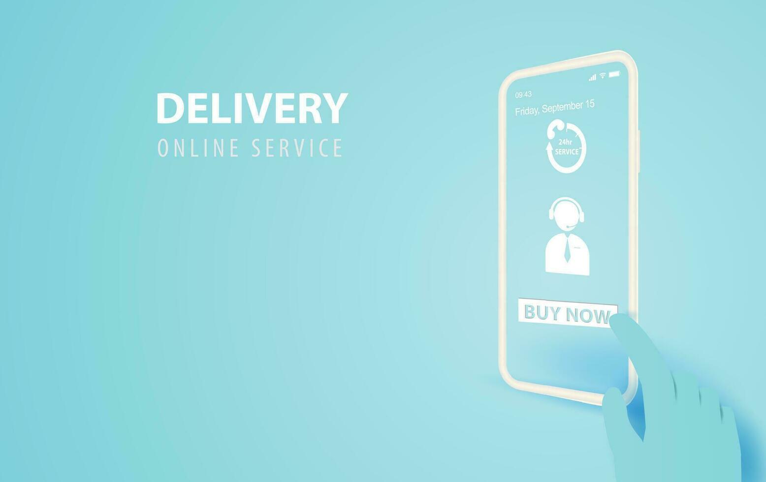 Hand holds smartphone with buy now application.Delivery service concept.Creative paper cut and craft.App screen online transport Text frame idea background.Mobile ship network Vector illustration.