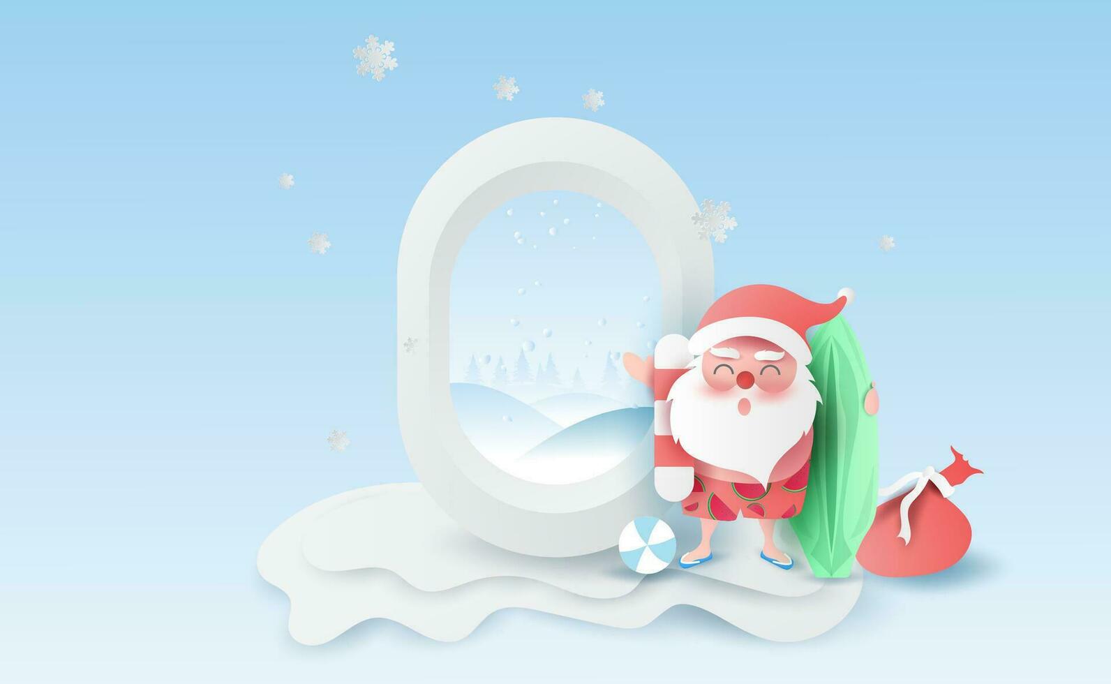 Santa Claus wearing beach suit of Surf Boards,swim ring and ball in air view window plane.Forest on sky. Merry Christmas and Happy New Year background.snow concept with paper cut and craft.vector vector