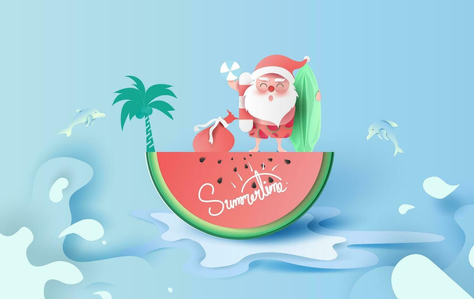 Summer Christmas Sale Banner With Watermelon.Special Offer Creative paper cut and craft for card and poster.Santa Claus smile wearing beach suit travel swimming decoration palm tree concept.Vector vector