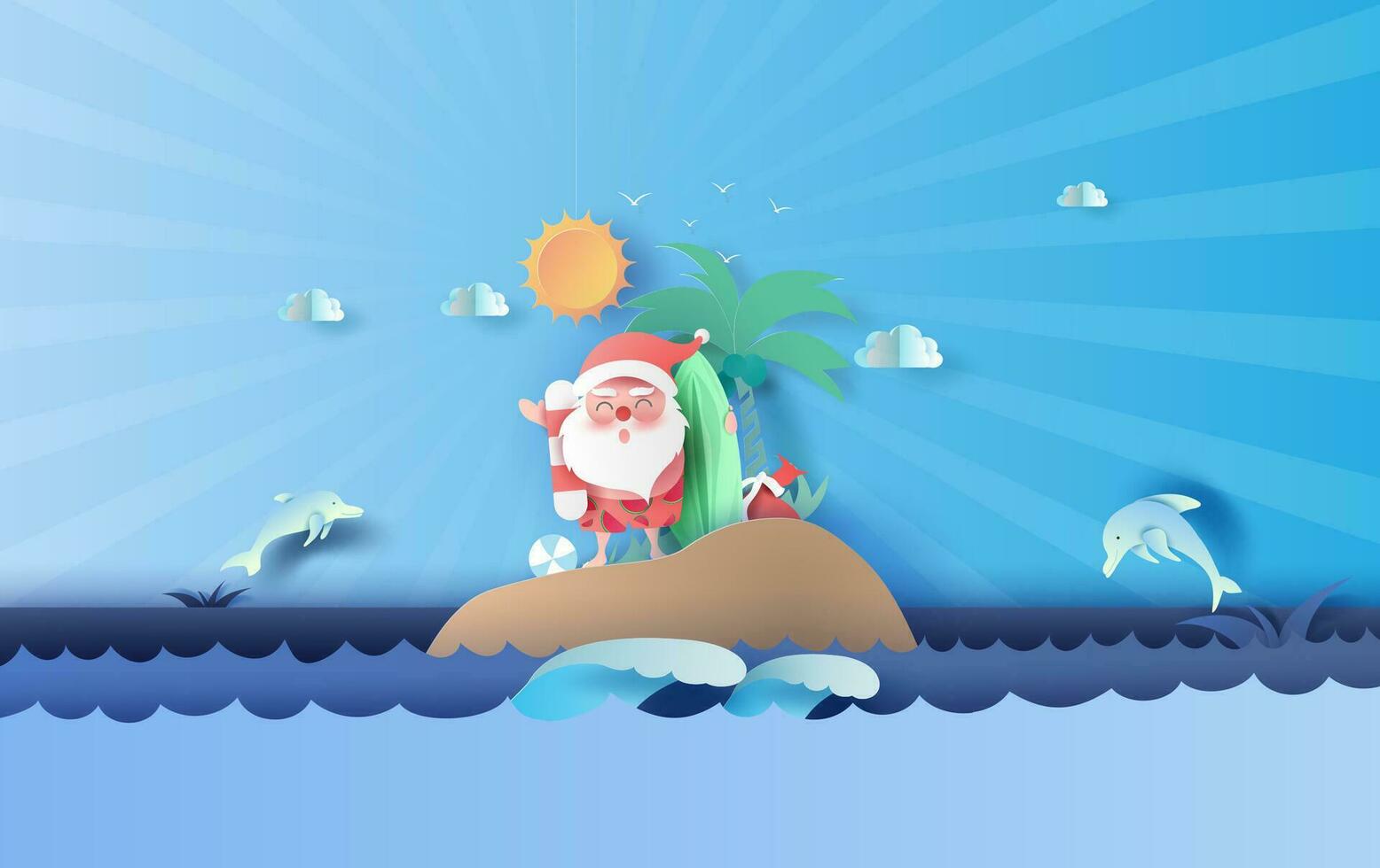 Santa Claus smile wearing beach suit travel swimming decoration of island seascape view. Dolphin jumping wildlife on sea sky beautiful.Summer Christmastime season background.Paper cut and craft style. vector