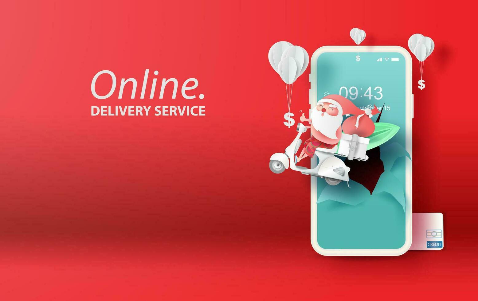 Paper art and craft of smartphone for online shopping summer Christmas your text space background.Santa Claus Delivery services on mobile phone concept.Application order internet.vector.illustration. vector