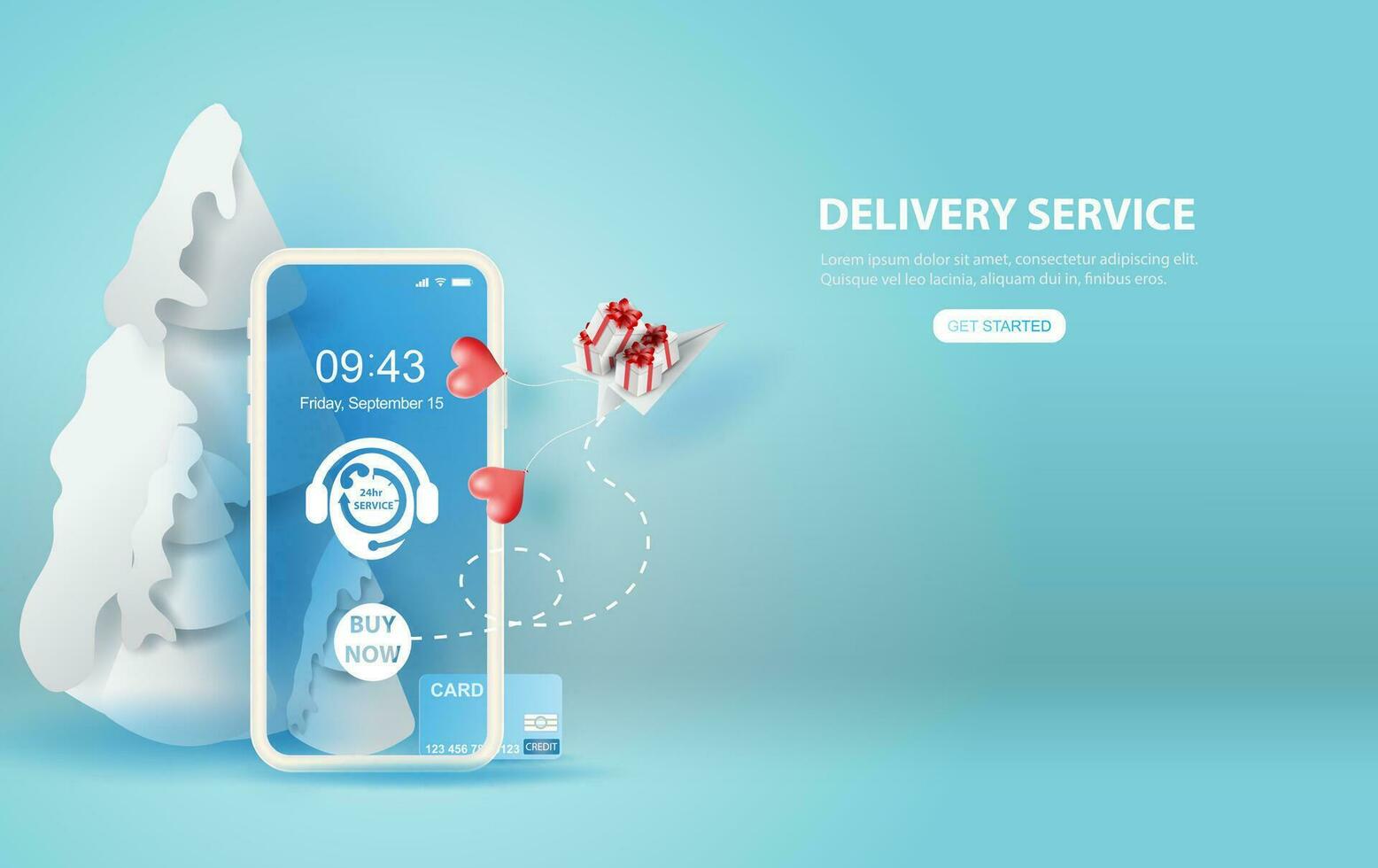 illustration of smartphone with paper plane gift Online delivery service application concept.Merry Christmas season.Paper cut and craft on blue background.Graphic minimal order transport  Vector EPS10
