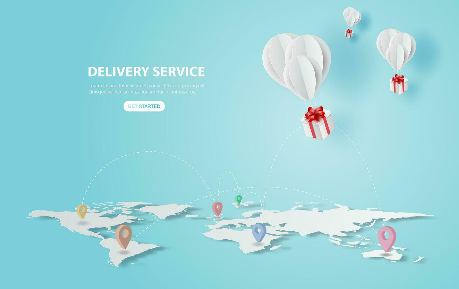 Holiday of Balloons gift fly on air.Delivery service concept.Creative map world location network paper cut and craft style.Graphic Online transport background.Minimal blue pastel.Vector illustration vector