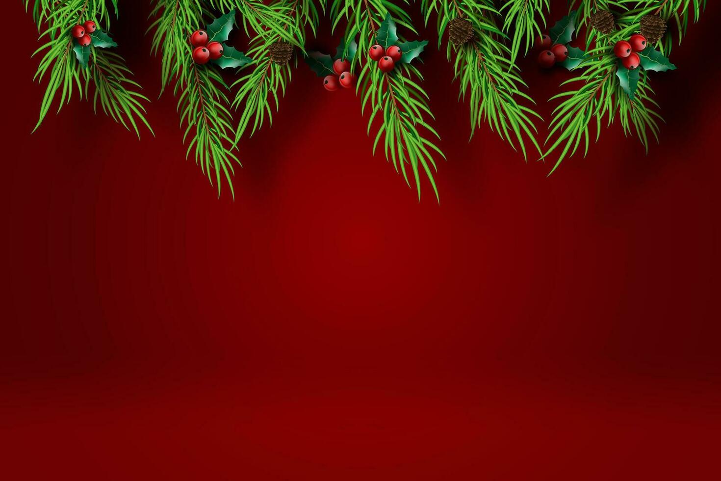 Paper art of Merry Christmas and Happy New Year with red tone background.Creative minimal pine tree and holly tree for greeting card.Holiday festival party decoration element graphic poster.Vector vector