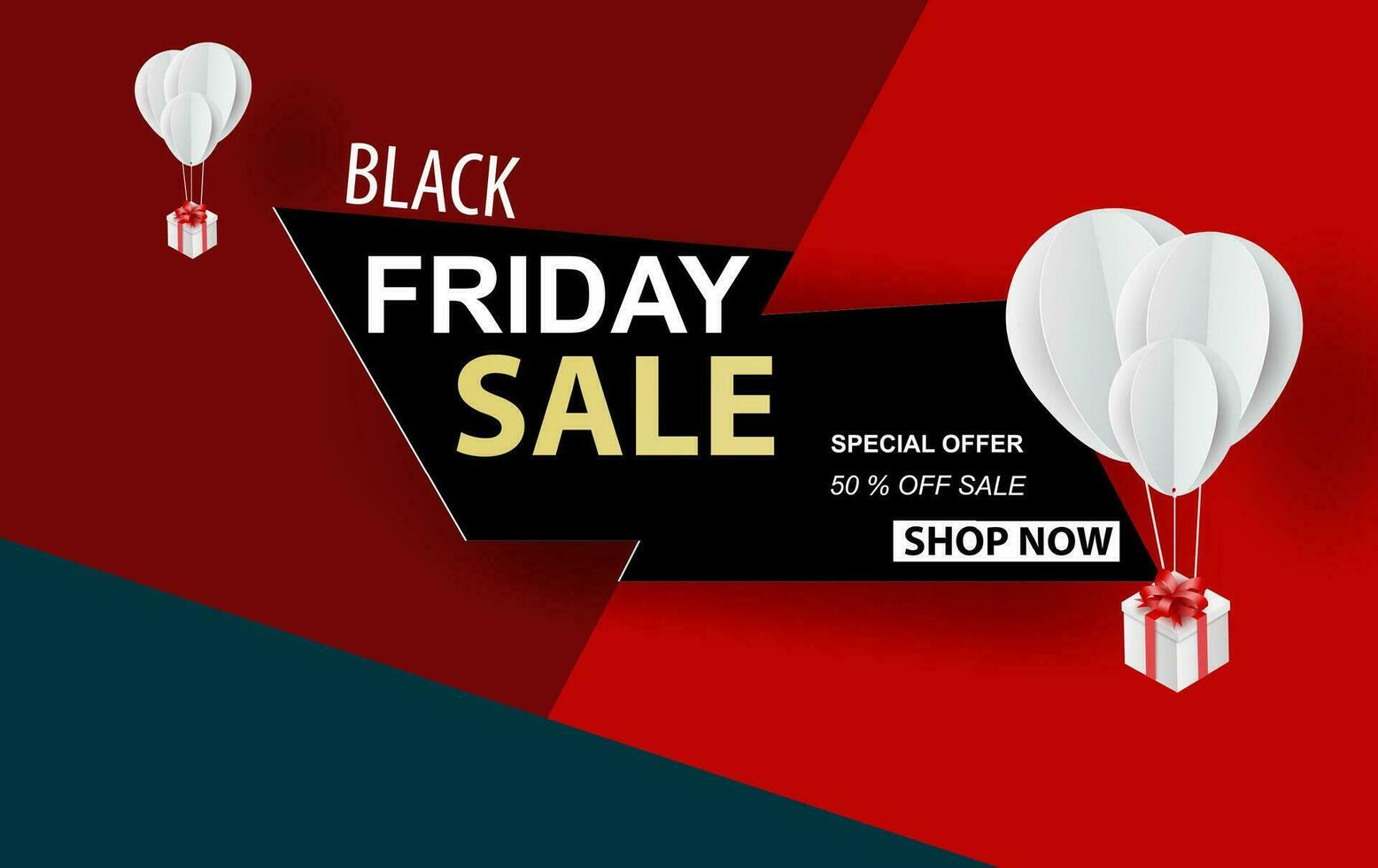 Black Friday Sale Special offer banner with balloons gift box on pastel red dark background.Creative design minimal paper art and craft.Marketing Space your text for holiday. Vector illustration.