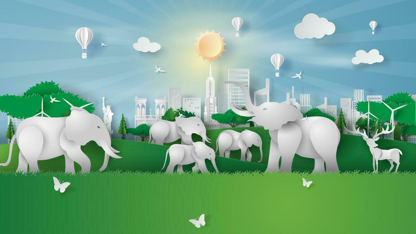 Animal wildlife in green park landmarks at New York City America.Creative Paper cut and craft style.Elephants and deer in forest.Graphic Eco environment day concept for poster.vector illustration vector