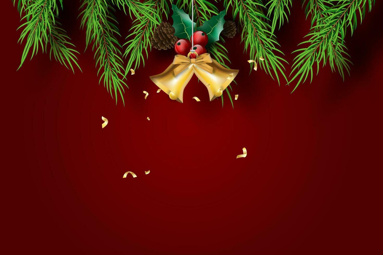 Paper art of Merry Christmas and Happy New Year with red tone background.Creative minimal pine tree and Golden bell for greeting card.Holiday festival party decoration element graphic poster.Vector vector