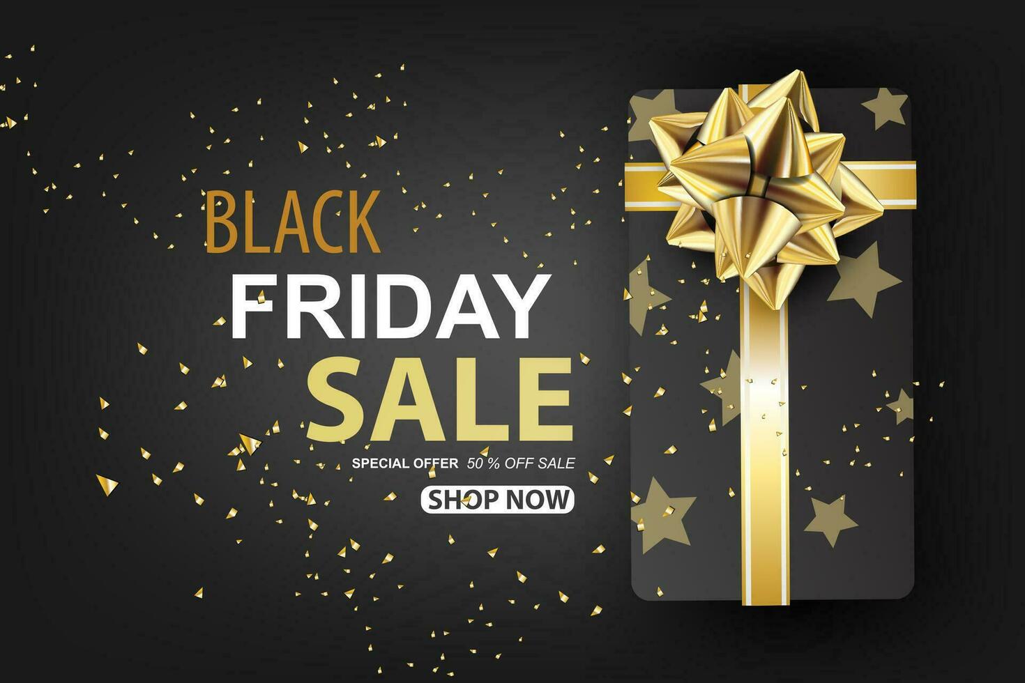 Black Friday sale with Gift box on gold glitter background banner.Creative paper cut and craft Minimal Top view style.Festival marketing promotion season.Special offer card Vector illustration. EPS10