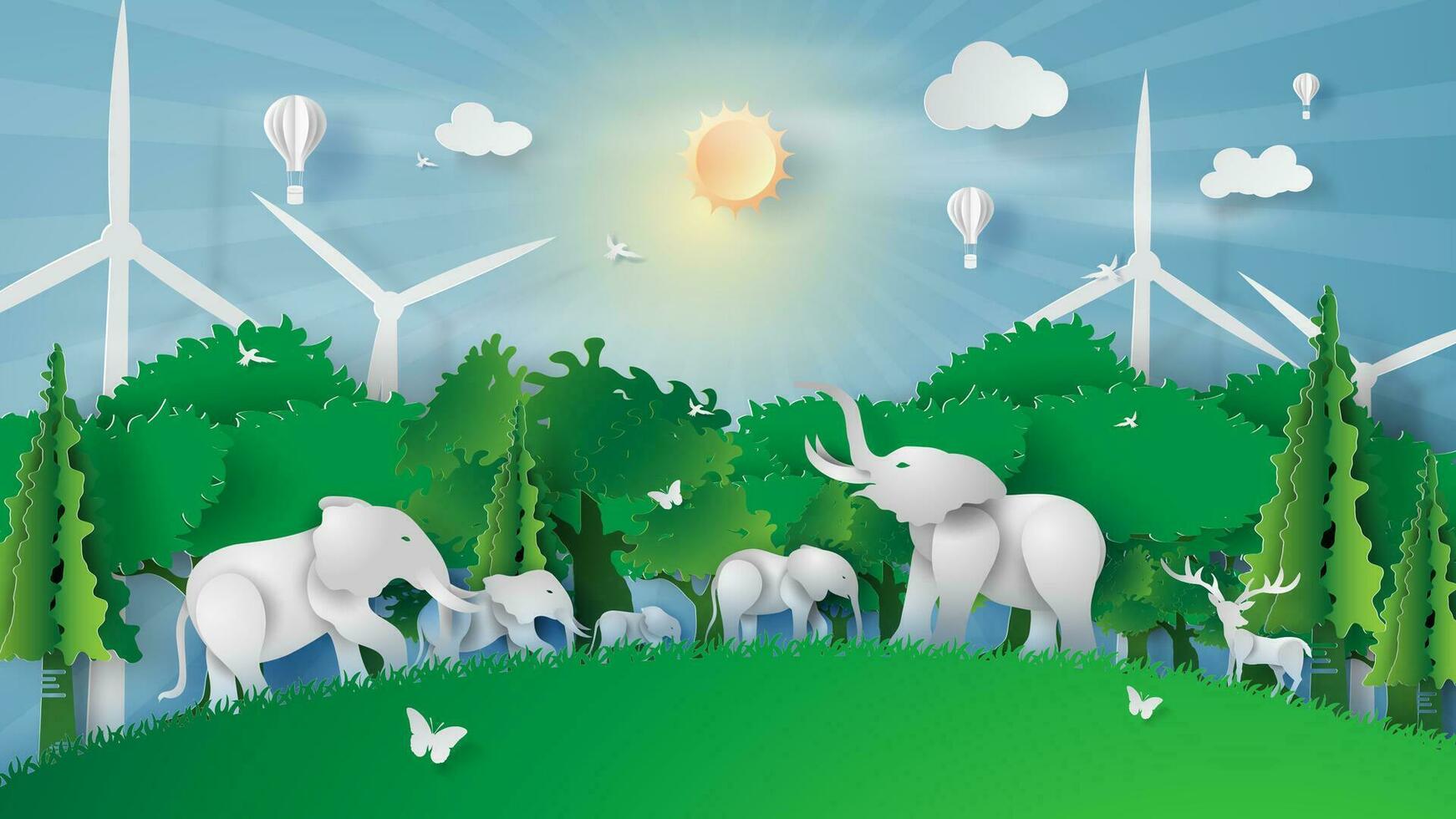 Animal wildlife in green park.Creative Paper cut and craft style.Elephants and deer in forest.Graphic Eco environment day concept for poster.Design origami element ecology friendly vector illustration