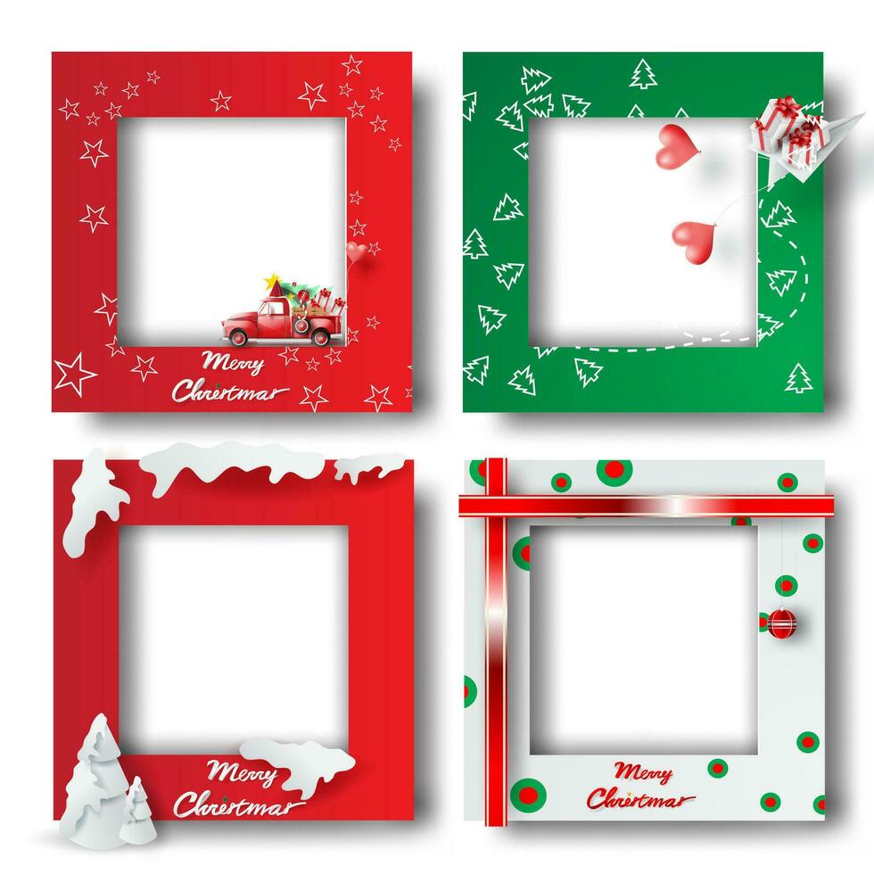 Merry Christmas and Happy new year border frame photo design set on transparency background.Creative origami paper cut and craft style.Holiday decoration gift card.Winter Postcard vector illustration