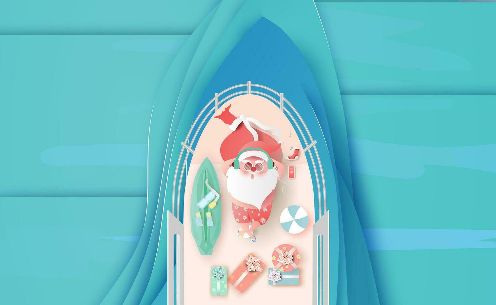 Santa Claus is swimsuit on general cargo ship the deck with a bunch of gift boxes and Swimming equipment. Sea ocean waves surface layer.Creative paper cut and craft style.Delivery service Vector EPS10