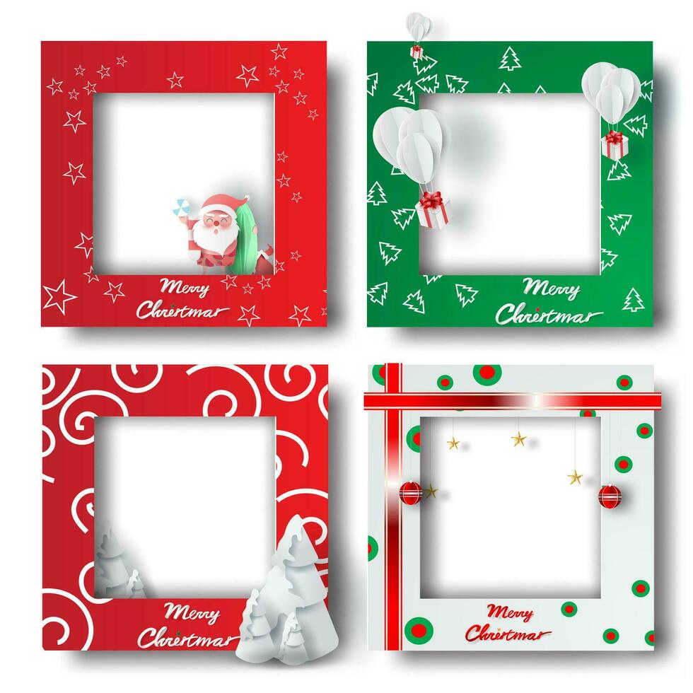 Summer Merry Christmas and Happy new year border frame photo design set on transparency background.Creative origami paper cut and craft style.Holiday gift card.Winter Postcard vector illustration