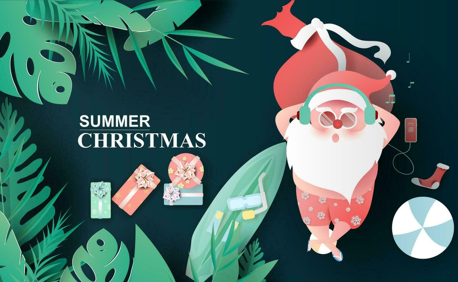 Papa Noel claus traje de baño de tropical hojas y naturaleza plantas.creativas papel cortar y arte origami hawaiano estilo verano Navidad julio espacio para texto.invierno temporada fondo.minimal vector ilustración.