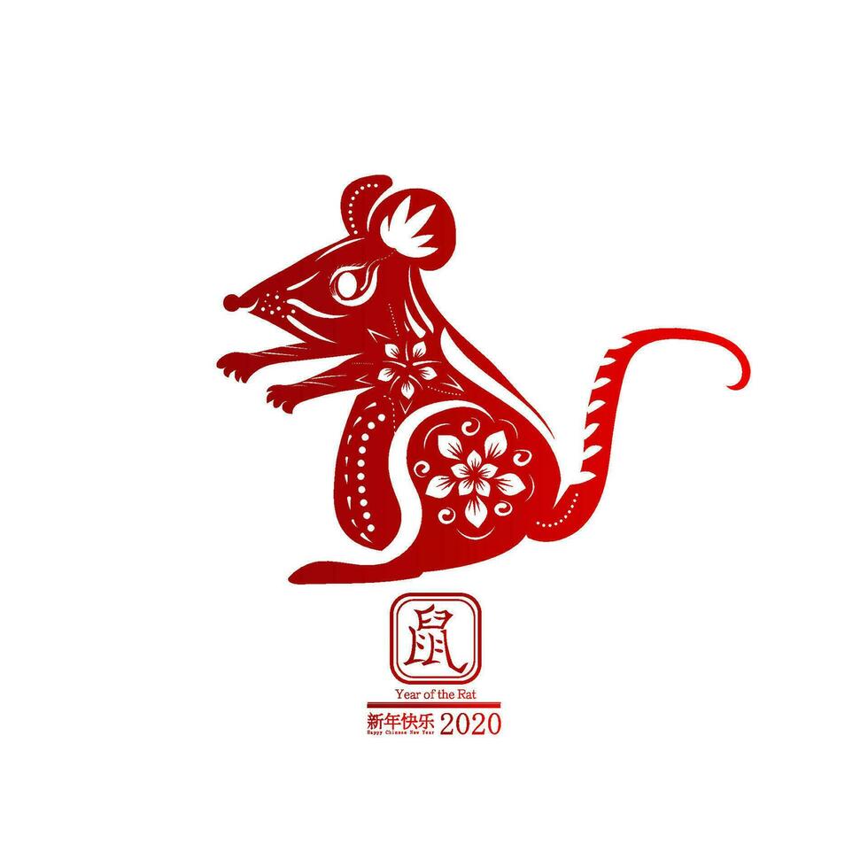 illustration of Happy chinese new year 2020.Year the Rat zodiac sign,flower and asian elements decoration with gold-red. paper cut art craft style on Background for greetings card, invitation. vector