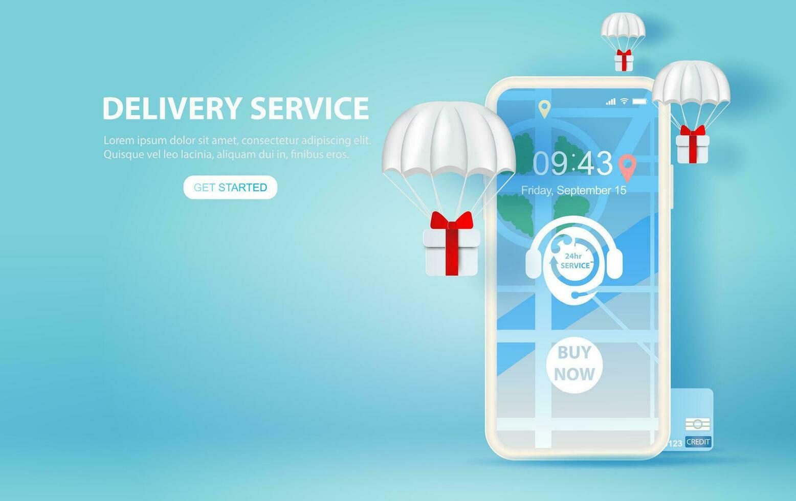 illustration of smartphone with Online delivery service GPS application concept.Parachute gift box fly air Paper cut and craft style.Graphic minimal map location order motorcycle transport.Vector vector