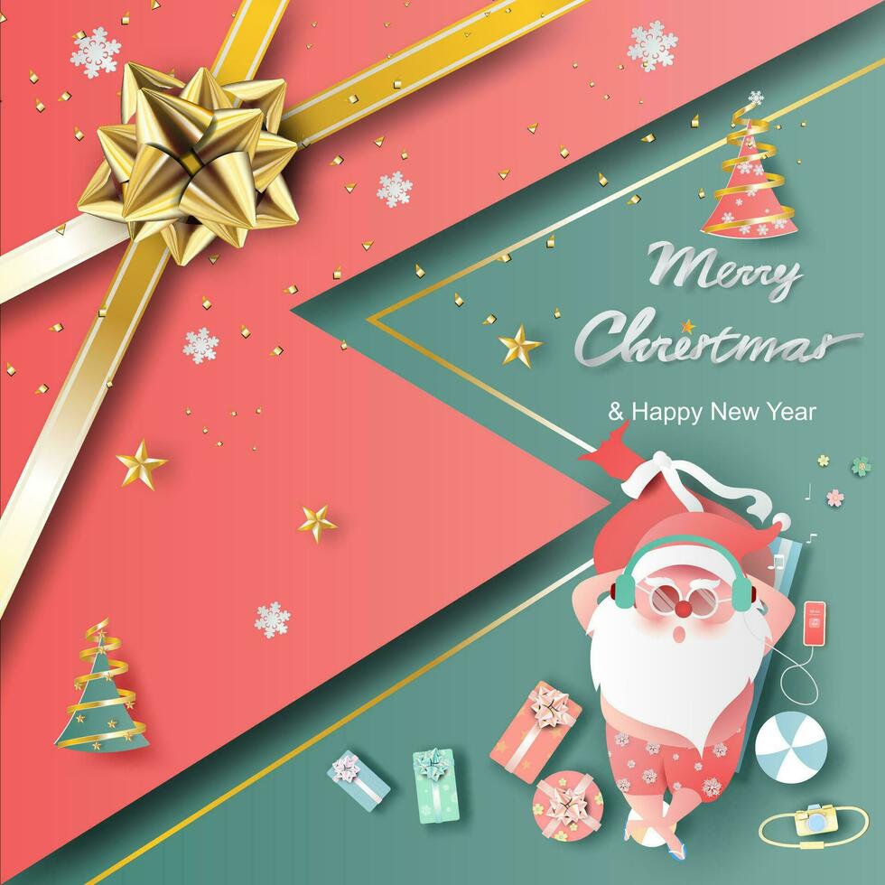 Summer Santa Claus Christmas day July.Delivery service concept cute cartoon character for Xmas design on greeting card background.Creative paper cut and craft style.web minimal vector illustration