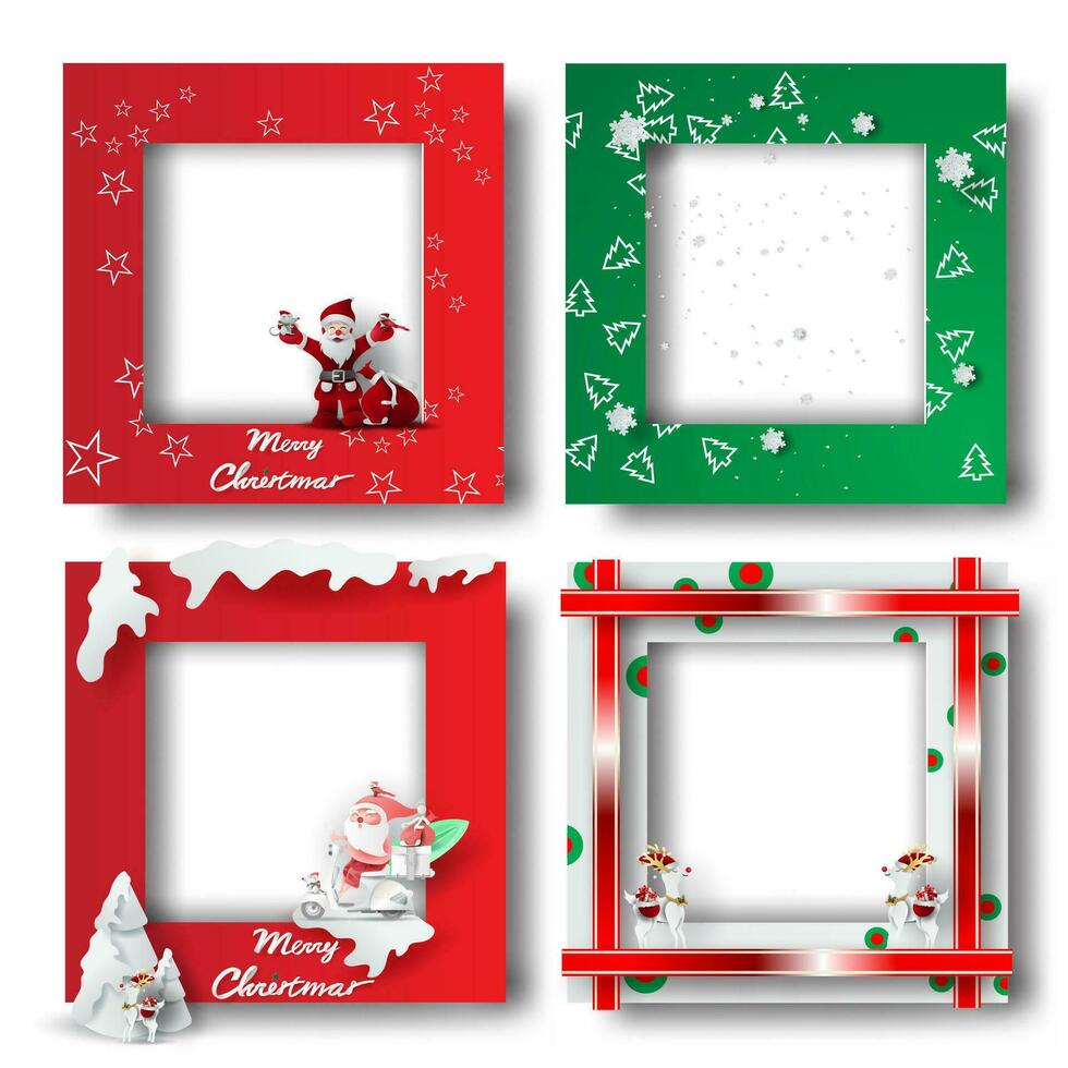 Merry Christmas and Happy new year border frame photo design set on transparency background.Creative origami paper cut and craft style.Holiday decoration gift card.Winter Postcard vector illustration