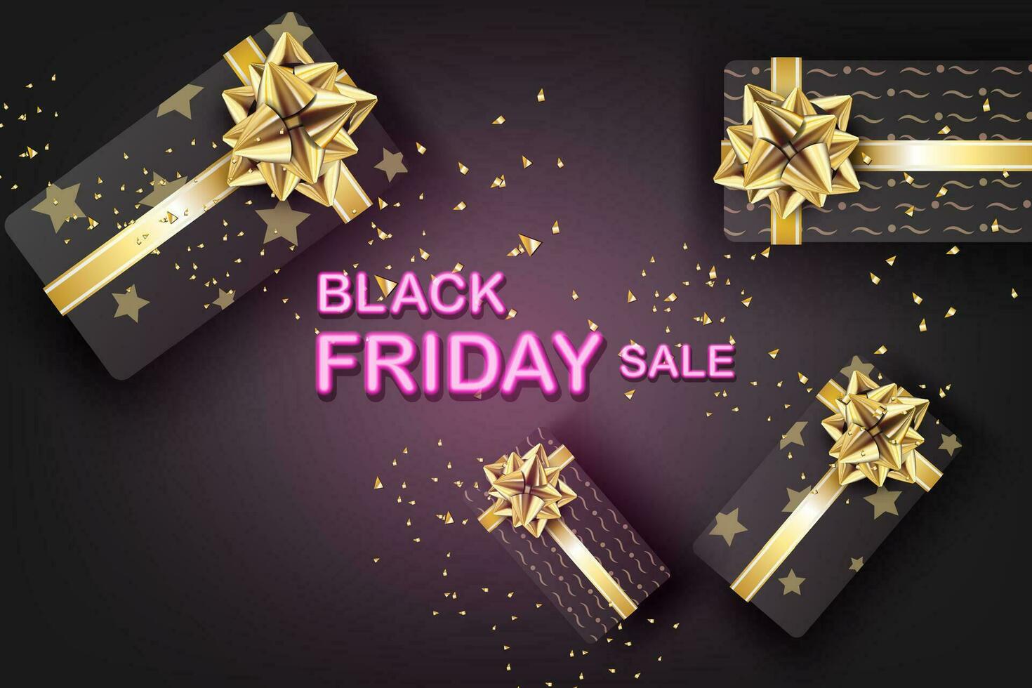 Black Friday sale with Gift box on gold glitter background.Neon light banner.Creative Minimal Top view style.Festival marketing promotion season.Business special offer card Vector illustration. EPS10