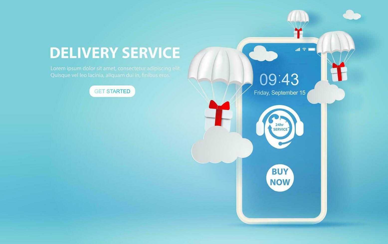 Parachute gift box floating on smartphone.Delivery service app with Gift Box on air.Happy new years and merry Christmas banner. Transportation holiday concept.Creative paper cut and craft style.vector vector