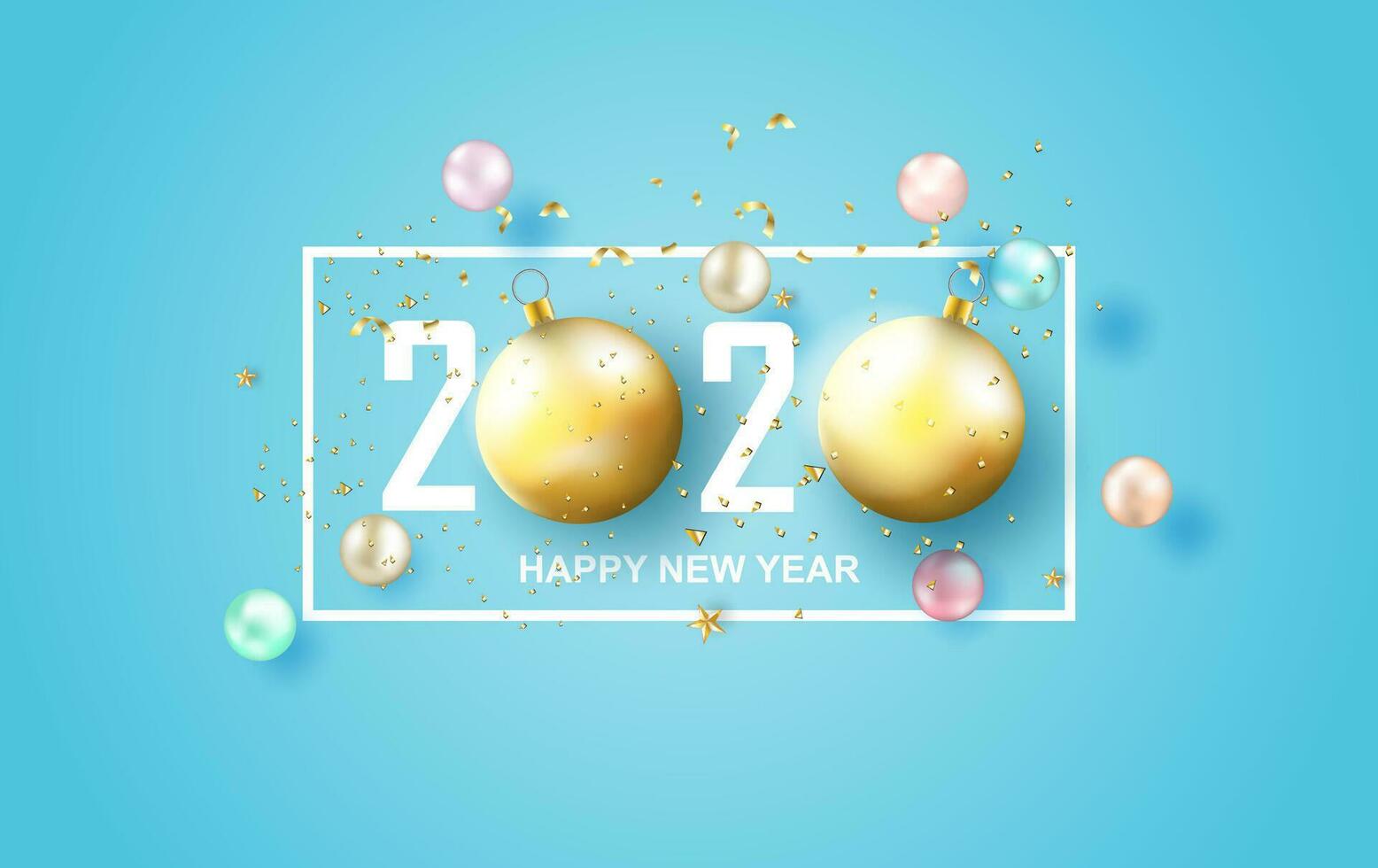 illustration of 2020 happy new year label design.Holiday on pastel symbol with golden.Graphic Merry Christmas balls golden and colorful confetti on blue background.Paper cut and craft style.vector vector