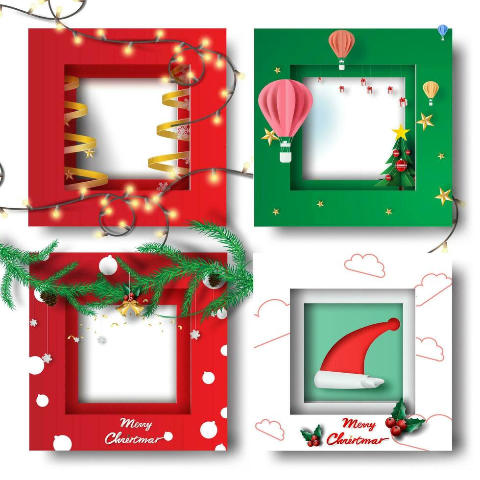 Merry Christmas and Happy new year border frame photo design set on transparency background.Creative origami paper cut and craft style.Holiday decoration gift card.Winter season vector illustration