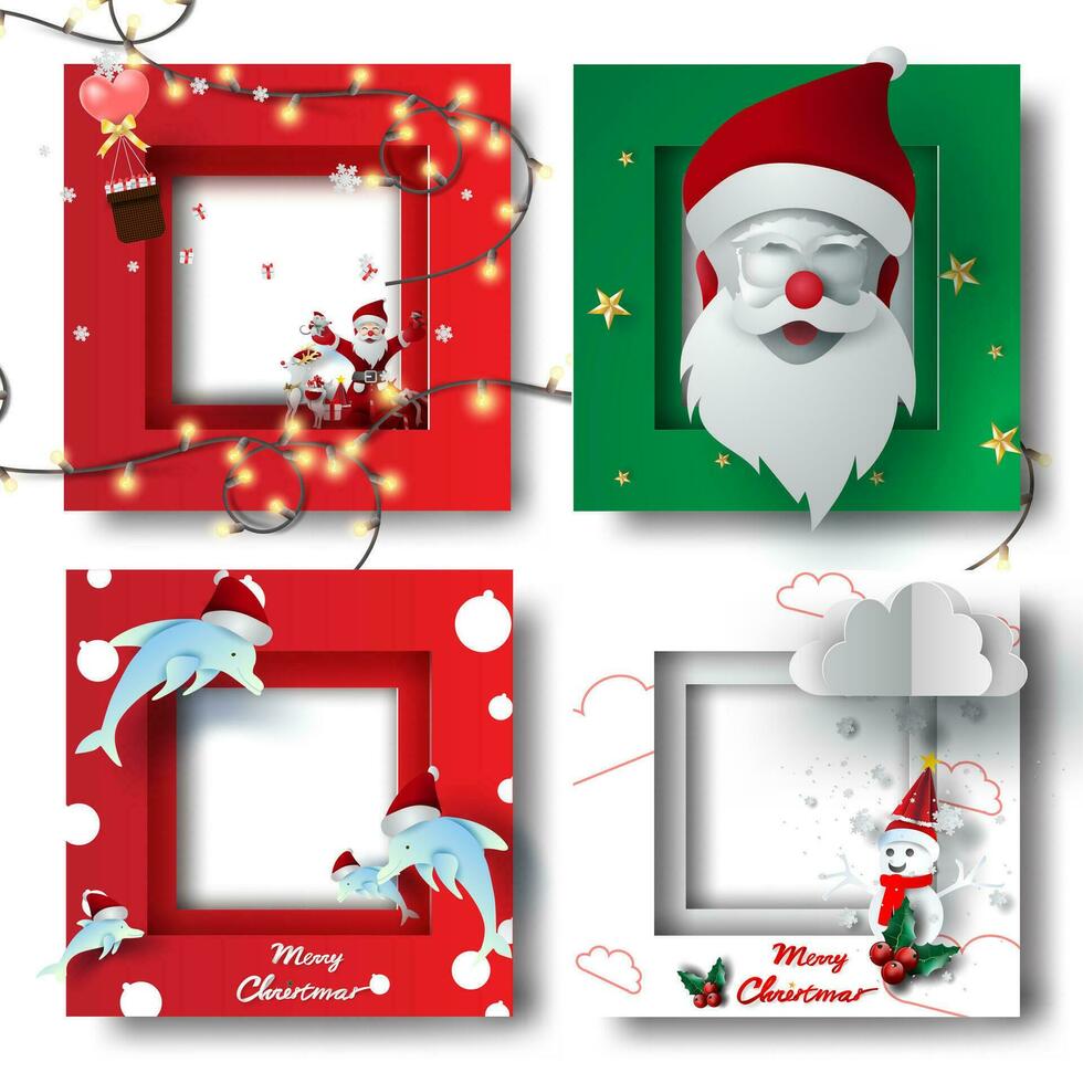 Merry Christmas and Happy new year border frame photo design set on transparency background.Creative origami paper cut and craft style.Holiday decoration gift card.Winter season vector illustration