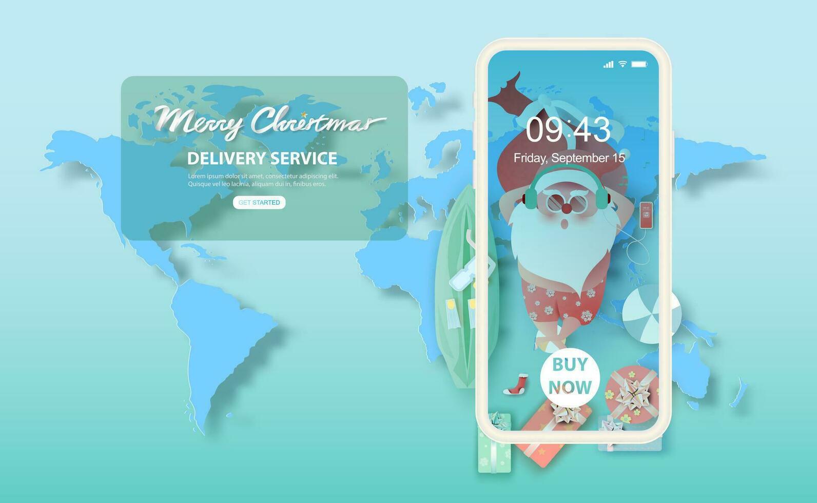 Summer Santa Claus sleep on map world Christmas day July concept.Fast Delivery service cute cartoon character for Xmas design web page background.Creative paper cut and craft style.vector illustration vector