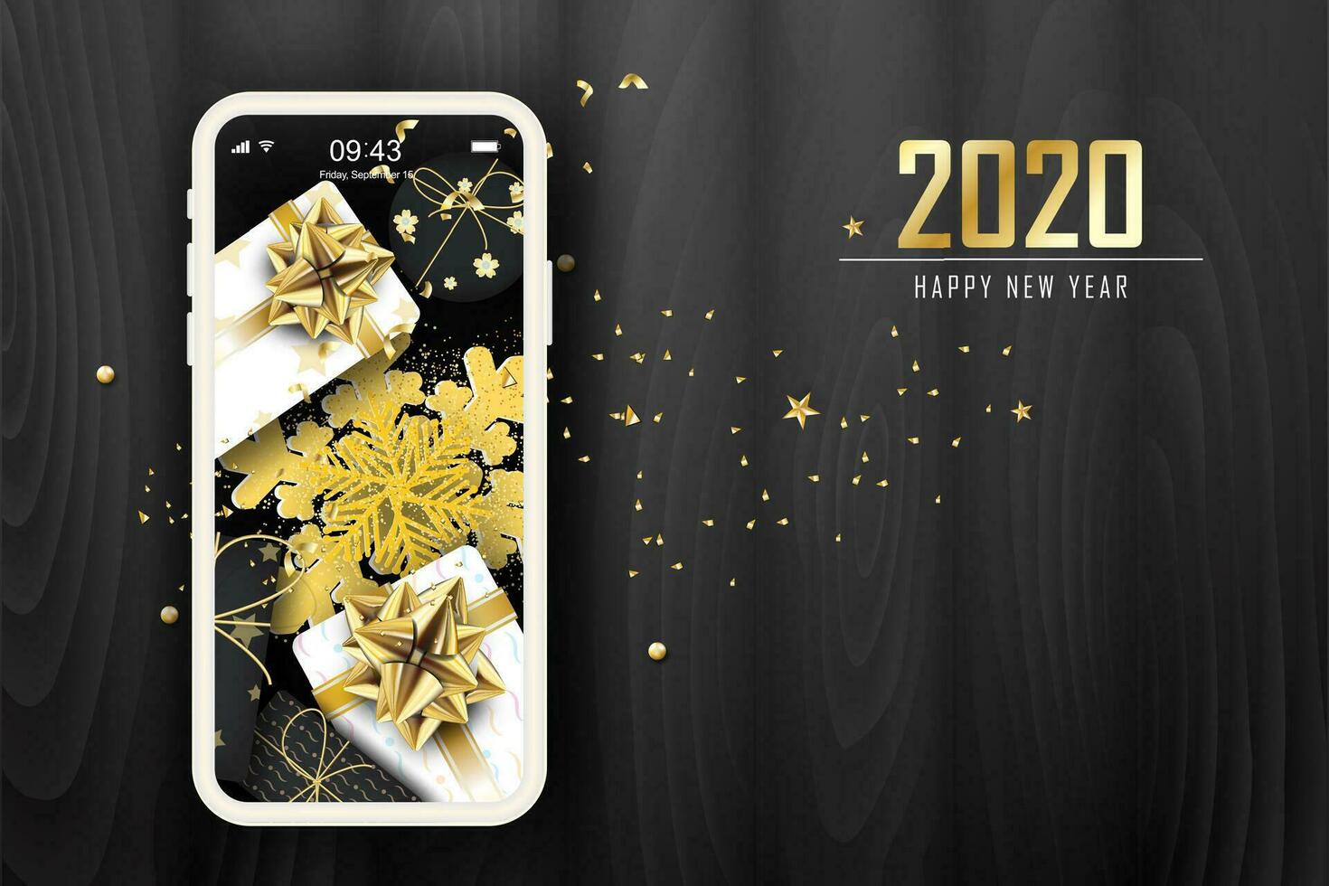Merry Christmas and New Year horizontal banner.Old Wood  background with realistic black tone gift boxes, gold snowflakes and sparkling light garlands.Smartphone and mobile shopping online Vector
