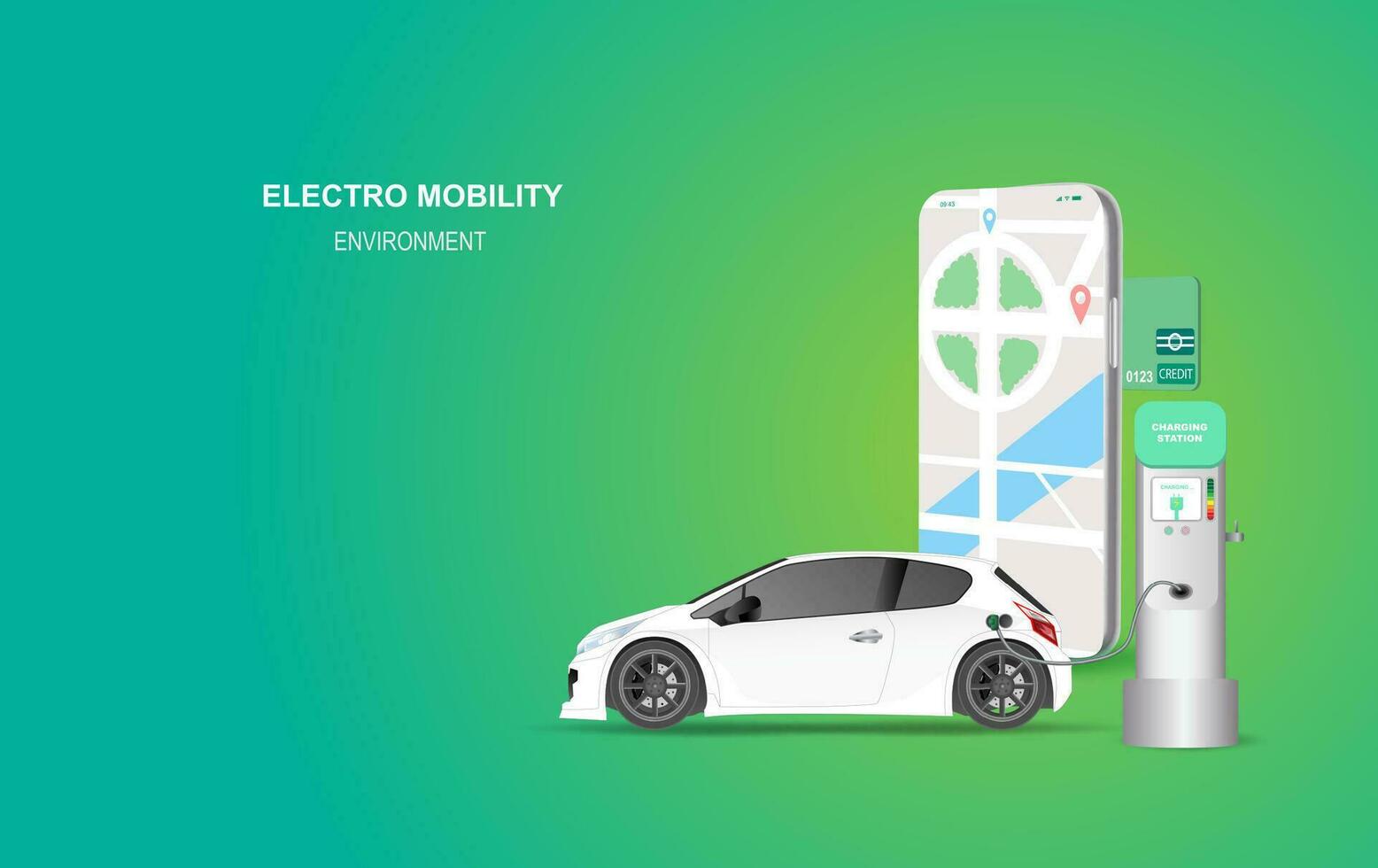 ilustración teléfono inteligente bandera con eléctrico coche cargando estación. electro movilidad ambiente para mapa ubicación red concepto.verde limpiar energía transporte.creativo papel Arte y arte estilo vector