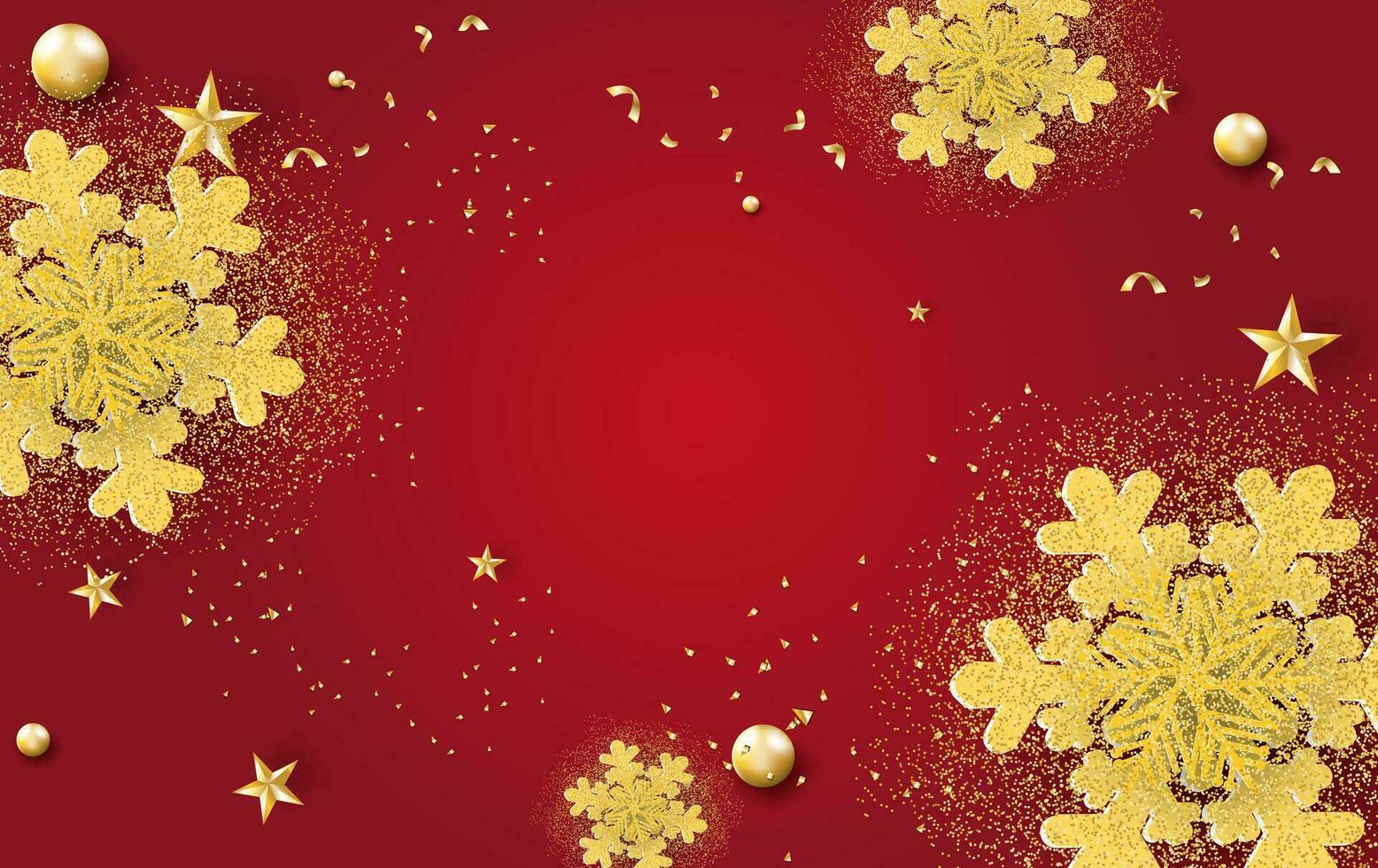 Merry Christmas and Happy New Year horizontal banner.Red tone background with Glitter ribbon realistic gold snowflakes.Paper cut and craft style.Graphic frame space for your text Vector illustration