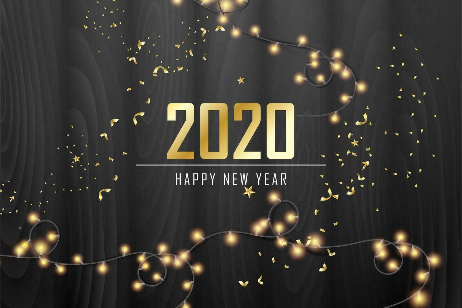 Christmas and New Year horizontal banner.Old Wood background with realistic black tone,Light bulb and sparkling light garlands decoration. Vector illustration with Christmas balls and confetti.vector