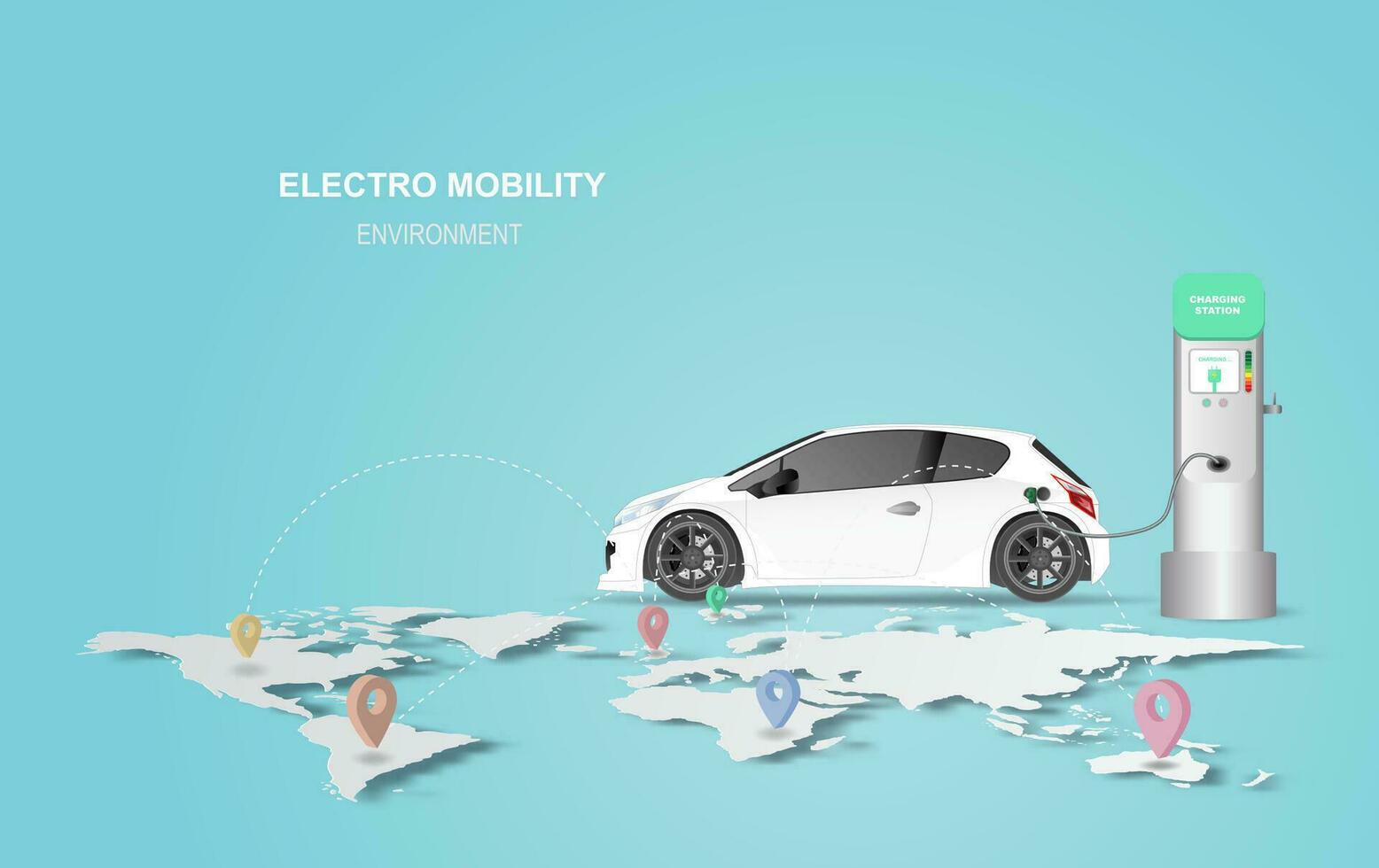 illustration banner with electric car charging station. Electro mobility environment for map location network concept.Green Clean energy transport.Creative paper art and craft style vector EPS10