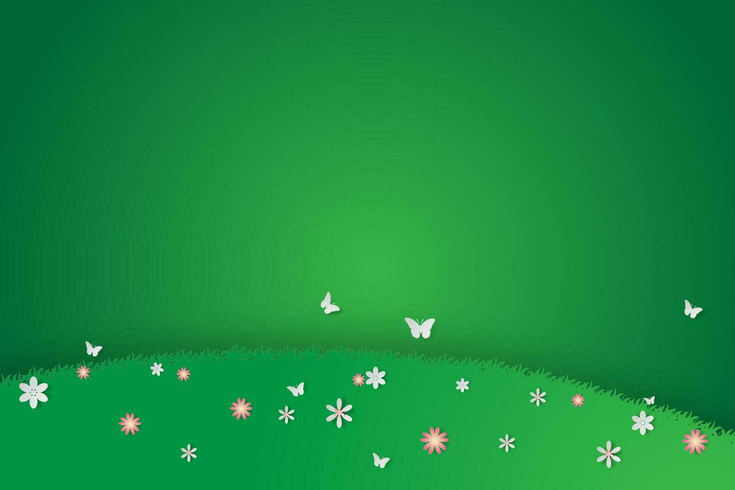Green garden park background.Field grass lawn with flower colorful and butterfly in air.Nature plant spring season.Paper art and craft style.Creative Eco environment decoration.vector illustration. vector
