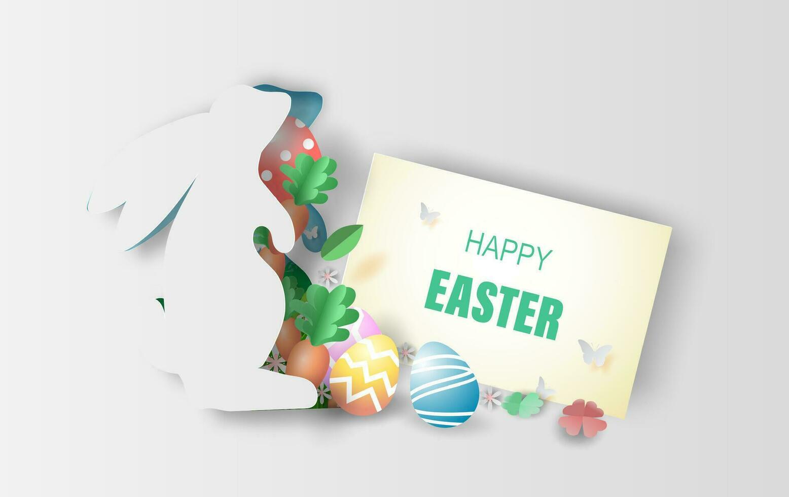 Element holiday bunny for design.Happy Easter day eggs in green grass with white flowers.Butterflies fly air.Creative paper cut and craft style idea card  background.Shape curve rabbit.Eco EPS10. vector