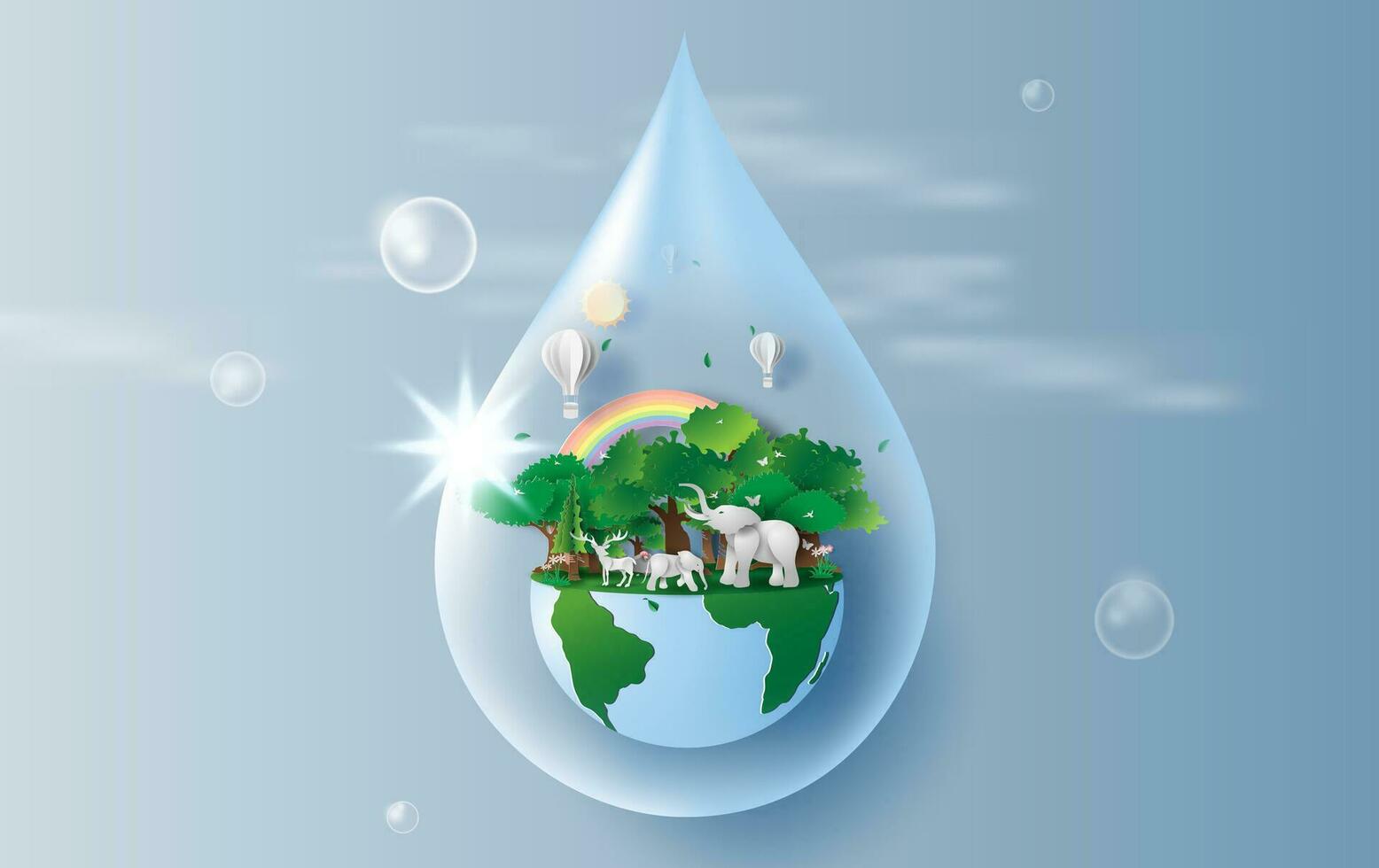 Save water concept of elephants in forest,Creative Origami design world environment and earth day paper cut and craft style.Landscape Wildlife animal with Deer in nature by rainbow and balloons.vector vector