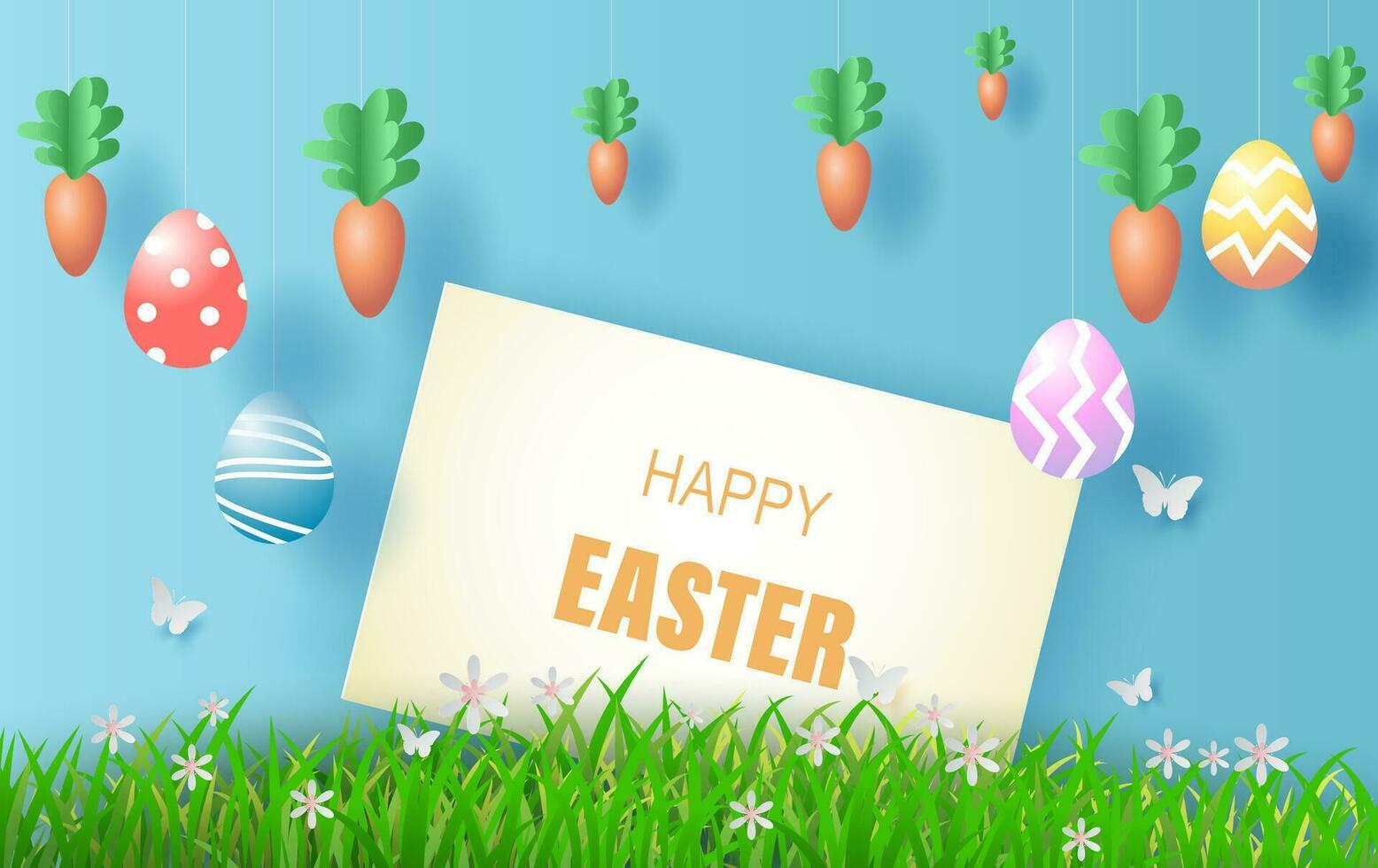 Element signboard design.Happy Easter day in green grass with white flowers.Butterflies fly air.Creative paper cut and craft style text for card.Carrots and eggs hanging on blue sky background.EPS10 vector