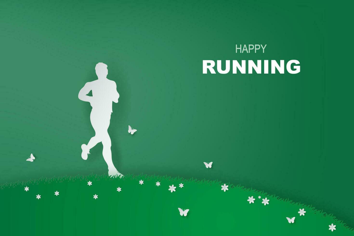 Man running Healthy lifestyle in green park.Minimal Healthy concept. Running. Exercise. Paper art style.Creative minimal paper art and craft style.Ecology environment garden.vector illustration.EPS10 vector